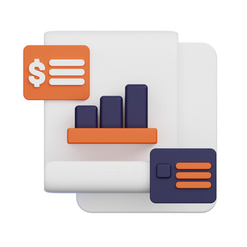 Modern 3D visualization of financial business analytics. Icons for data management, budget planning, economic growth, and detailed reporting offer strategic insights