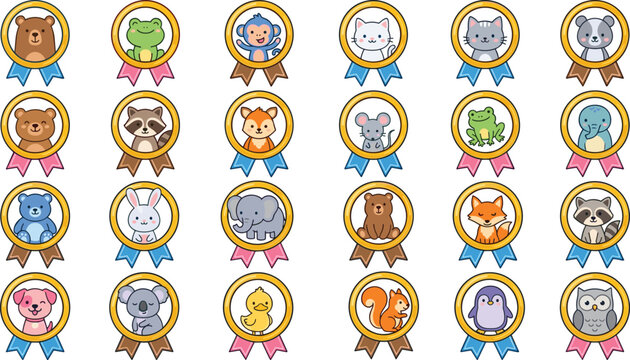 Cute animal medal sticker bundle with kawaii cartoon badge award illustrations including bear frog cat monkey fox elephant for kids school design elements