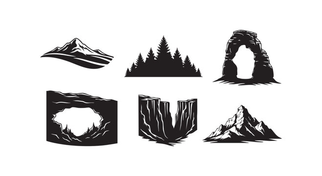 Outdoor landscape silhouette collection showing mountain peaks pine forest valley canyon and natural rock arch scenery.