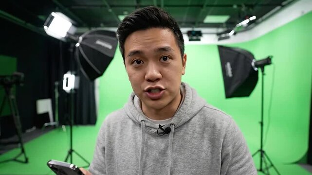 Man holds phone in studio with green screen behind him
