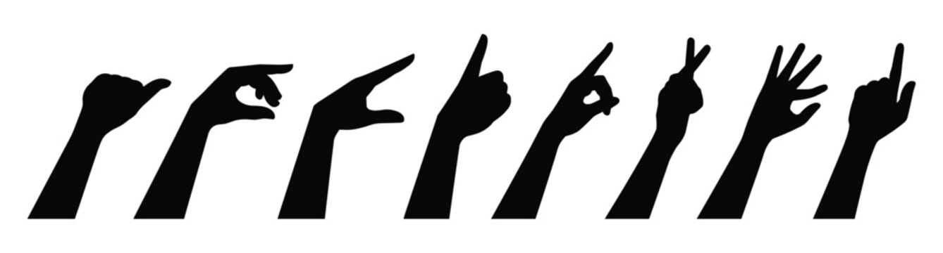 Fingerspelling Alphabet: A series of black silhouette hands demonstrating different finger positions for spelling out letters, conveying communication and sign language.