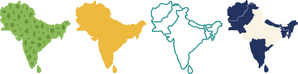 South Asia region map vector set with environmental green silhouette outline and political border variations © Sabbir Studio