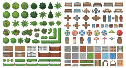 Top down View Park Elements Vector Illustration Assorted Outdoor Furniture © NIPU