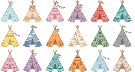 Cute tribal teepee sticker bundle with boho bohemian tent illustrations featuring flags, feathers, mountains, and rainbows for nursery children graphic design elements © MeheDi