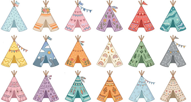 Cute tribal teepee sticker bundle with boho bohemian tent illustrations featuring flags, feathers, mountains, and rainbows for nursery children graphic design elements