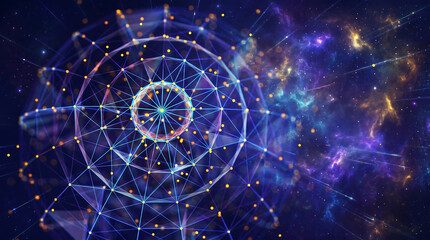 Obraz premium Abstract futuristic blue network sphere structure in outer space with glowing stars nebula and glowing nodes and connection lines