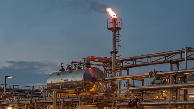 Medium shot capturing the pilotonly flare system lit cautiously atop the flare stack linked to the knockout drum and supporting pipelines highlighting emergency preparedness