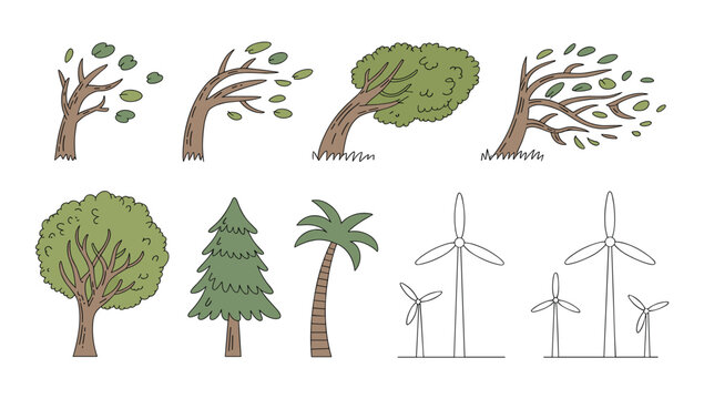 Windy Day Illustrations: A collection of charming hand-drawn illustrations depict trees bending in the wind, alongside various tree types and wind turbines, representing nature and renewable energy.