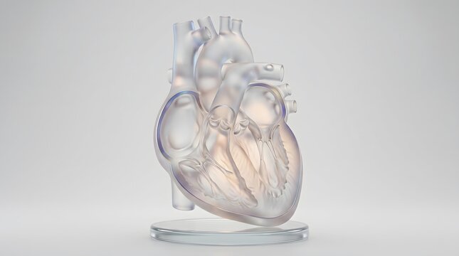 A transparent glass model of a human heart sits on a clear base.