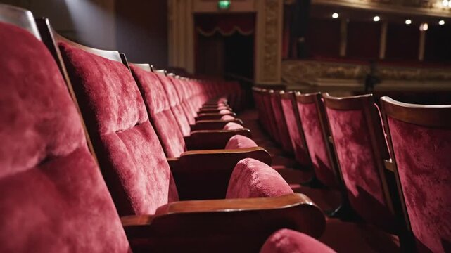 Rows of red velvet seats line a dimly lit movie theater auditorium