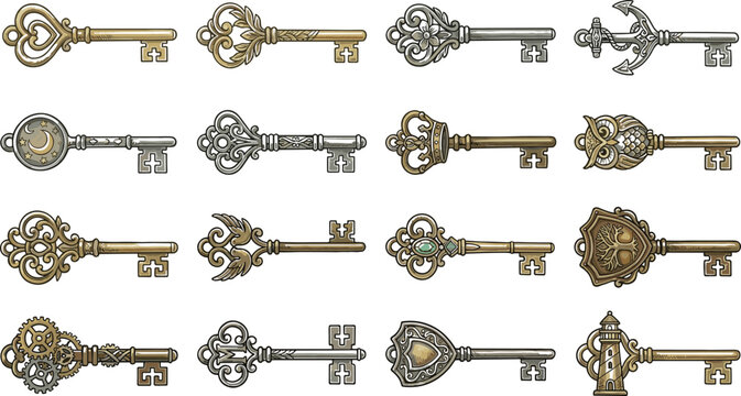Vintage ornate key vector bundle with antique skeleton keys featuring medieval gothic steampunk and filigree design elements for secret mystery concept backgrounds