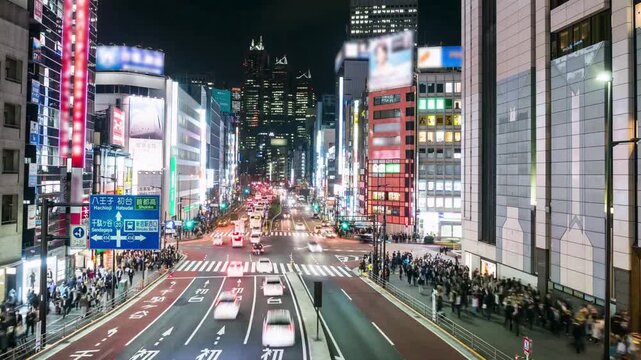 Time Lapse of Busy Shinjuku Tokyo Intersection at Night with Traffic