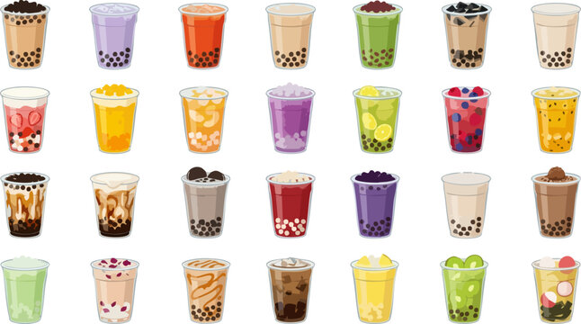 Bubble tea icons set, vector hand drawn illustrations of various boba milk tea and fruit drinks, Asian sweet beverages with tapioca pearls, jelly, and cheese foam isolated on white background