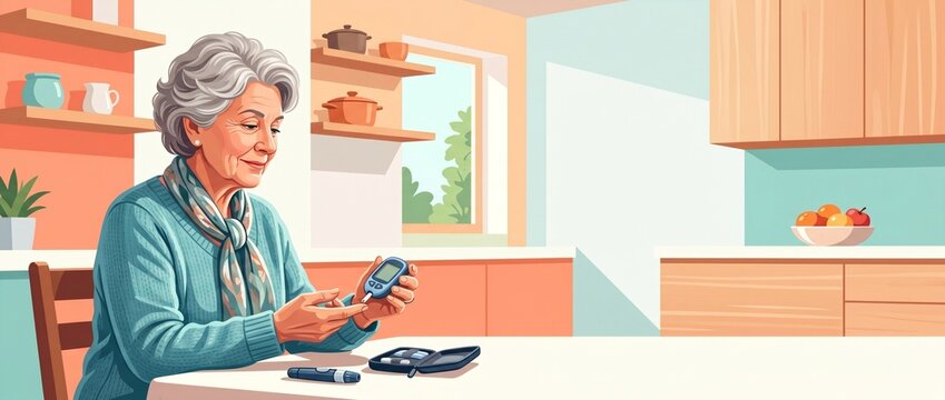 Elderly woman checking blood sugar with a glucometer at home. Senior diabetes management and healthcare banner. Copy space for text