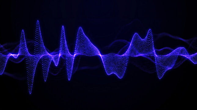 Abstract glowing purple digital audio wave visualization with shimmering particles representing sound frequency and music spectrum black background