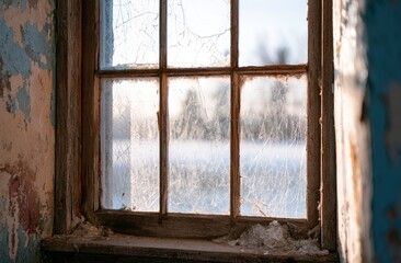 Fototapeta premium Grimy, weathered window with peeling paint reveals a hazy winter landscape