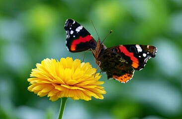 Naklejka premium A colorful butterfly lands on a bright yellow flower