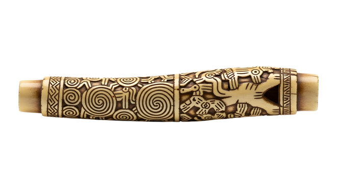 Ancient carved bone artifact with intricate zoomorphic and geometric designs