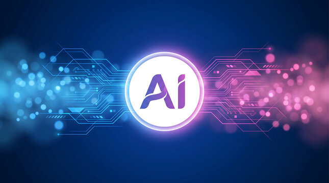 Artificial intelligence concept banner with glowing AI logo and digital circuit network connection on a blue and pink background