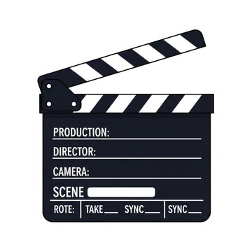 A film director uses a clapper board on a movie set indoors for scene synchronization.