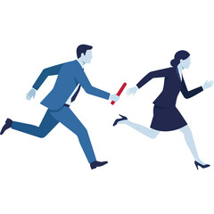 Obraz premium Business relay race vector illustration, corporate teamwork and handoff concept, professional colleagues passing red baton during competition