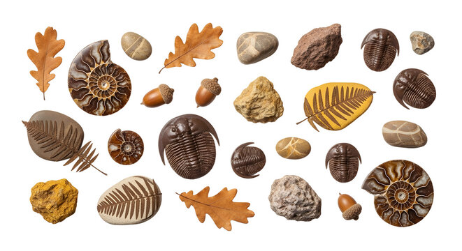 Collection of ancient fossils and natural elements from prehistoric times