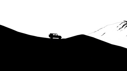 Obraz premium Minimalist black and white silhouette of an off-road vehicle traversing a mountain ridge with stark contrast, ideal for adventurous design concepts