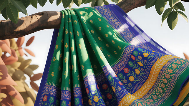 Vibrant green, blue, and yellow Indian saree, traditional clothing, colorful fabric, textile pattern