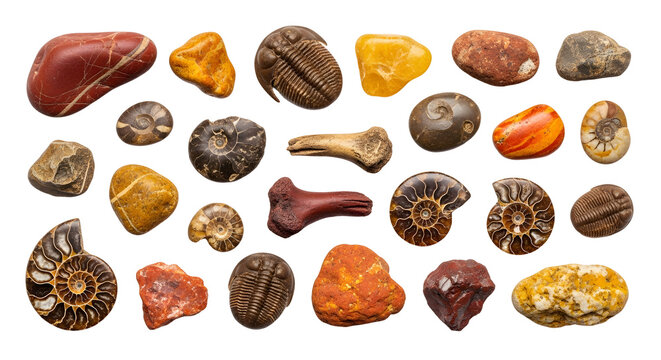 Collection of ancient fossils and colorful stones on a black background