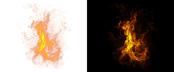 Realistic fire flames isolated on black and white background, burning orange fire element, hot glowing campfire blaze for photo compositing © PNG Stock