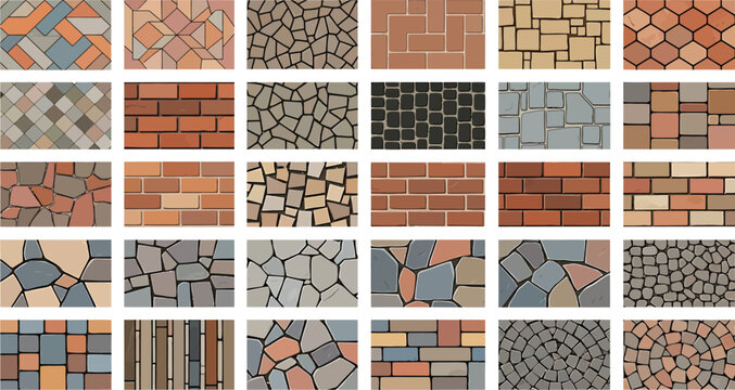 Collection of various stone and brick paving textures featuring diverse geometric patterns for architectural design and landscape construction vector illustration