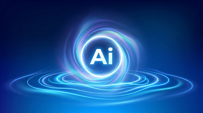 Futuristic Artificial Intelligence glowing logo concept with blue energy waves and digital portal for machine learning and technology