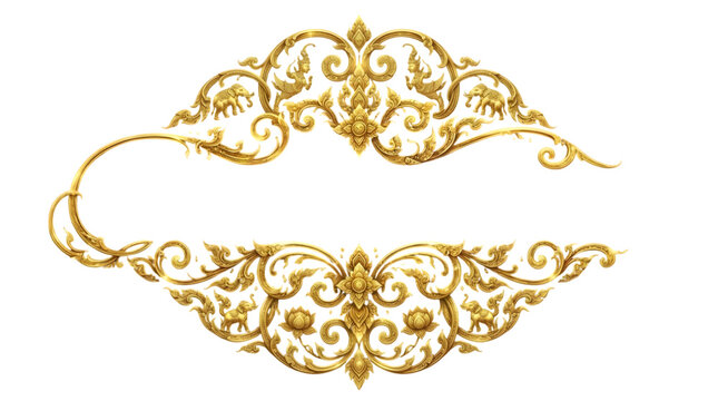An elegant gold ornamental frame with intricate Thai-inspired patterns surrounds a dark background, leaving space in the center for custom text, creating a luxurious and regal design.	