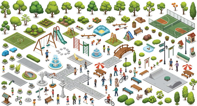 Isometric park elements set with trees playground equipment sports courts benches and people for urban landscape design vector illustration