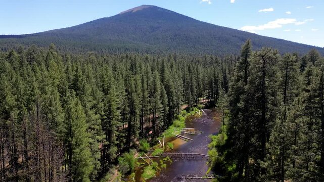 A drone view of Black Butte and the Metolius River near Camp Sherman in the central Oregon Cascade Range