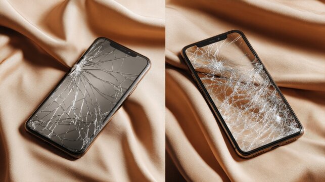 Broken phone rests on soft, draped fabric. Cracked screen shows sharp, spiderweb fractures. Phone lies tilted, evoking fragility and damage. Background fabric adds warmth and texture