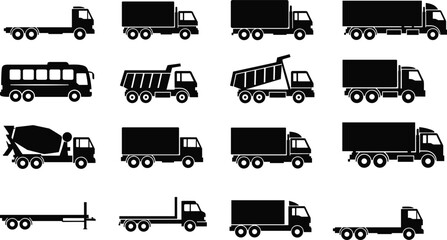 Truck silhouette icon illustration, heavy vehicle artwork, dump truck design, cement mixer graphic, trailer transport emblem, commercial symbol © MDABDULLAH