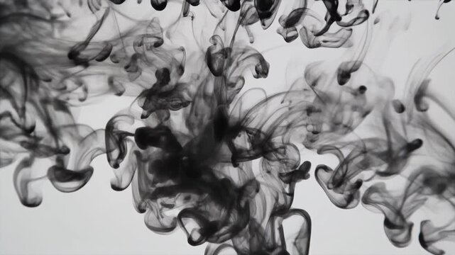 Dynamic black ink spreading in clear water, creating an ethereal abstract cloud formation, perfect for a unique graphic icon or fluid vector background element