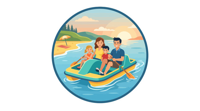 A happy family of four riding a colorful pedal boat together on the water.
