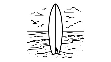 A minimalist black and white line art illustration of a single surfboard standing upright on a sandy beach. © Watirah_Martodimejo