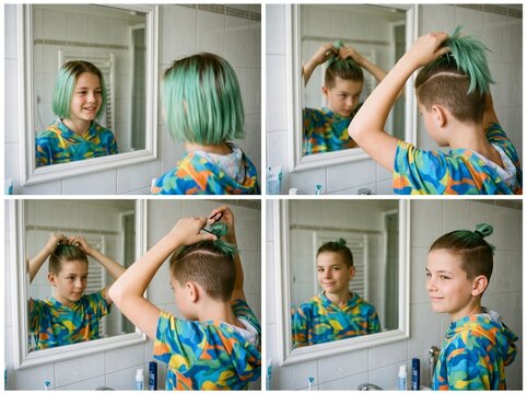 A 12 years old european boy gathers his hair into a manbun.
