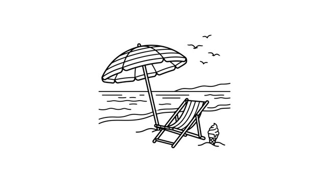 Hand drawn beach scene with a striped umbrella and lounge chair.