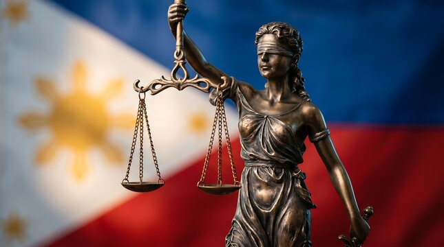 Bronze Lady Justice statue holding the scales of justice and a sword, standing with a blurred flag of the Philippines in the background to symbolize the nation's legal and judicial system.