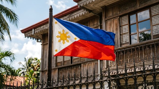 The national flag of the Philippines waving on a pole in front of a traditional Spanish-colonial style heritage wooden house (Bahay na Bato) with capiz shell windows.