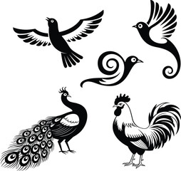 Fototapeta premium “Bird Silhouette Collection, Peacock, Rooster, Decorative Flying Birds, Abstract Tail Icons, Ornamental Vector Set, Nature Illustration Design”