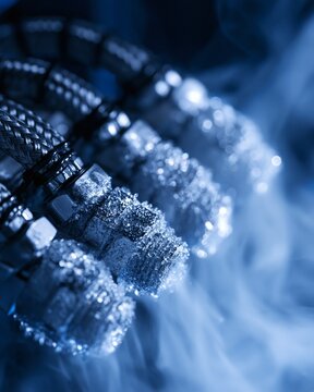 Highcontrast macro shot capturing icy textures on metallic hydrogen valves with braided cables fading into soft focus and ethereal vapor swirling in a cold bluelit test chamber