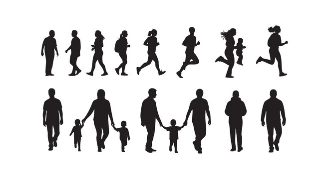 People walking running and interacting in various daily activities, isolated silhouette illustrations representing human movement.