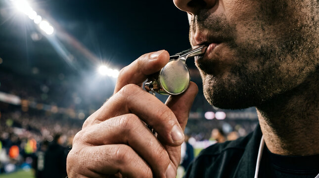 Professional football referee blowing a whistle during a sports match at night stadium; soccer coach signaling a foul or start of play in arena with bright floodlights
