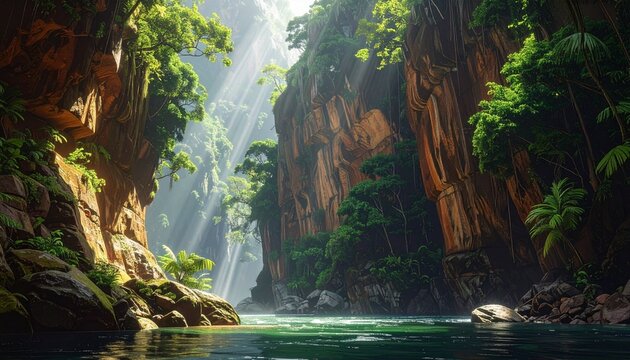 Serene forest stream flowing through dense green woodland.