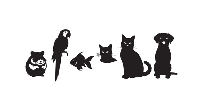 Pet shop animal silhouettes set including dog cat hamster parrot fish and kitten faces for veterinary clinic logo design.